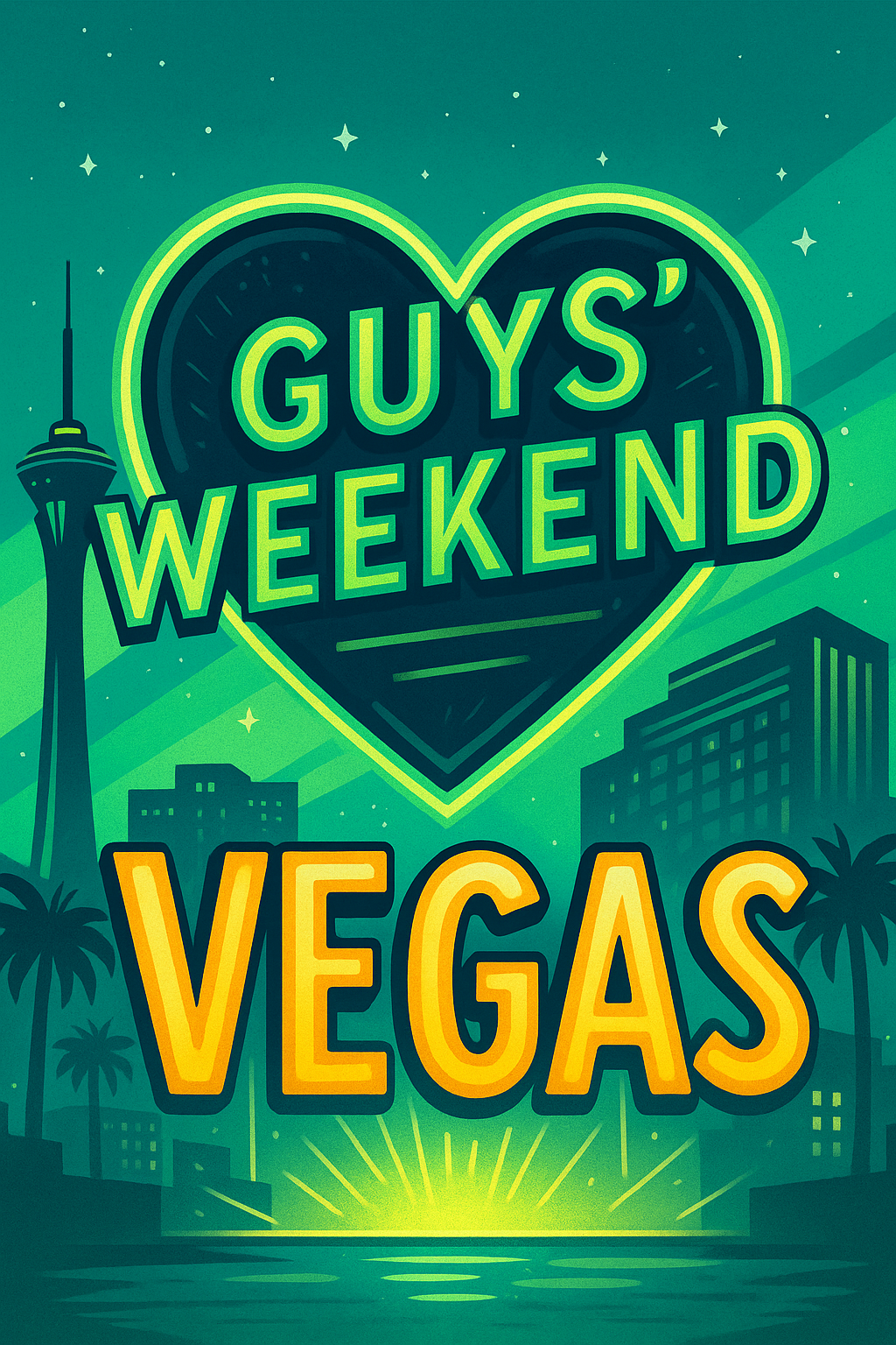 Retro neon “Guys' Weekend” sign with Las Vegas skyline backdrop