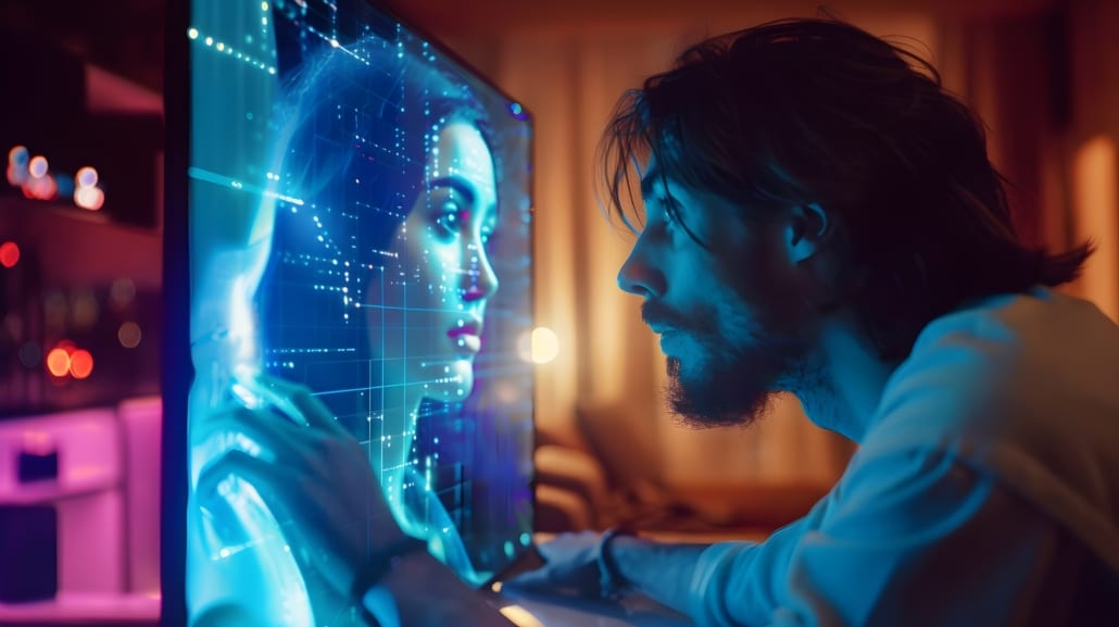 Man touching a futuristic screen showing a digital woman’s face, symbolizing the rise of AI girlfriends in contrast to real human connection.