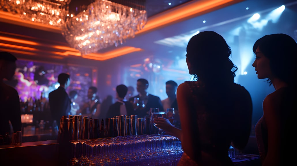 Two glamorous women at a dimly lit bar in a luxury Las Vegas lounge, surrounded by soft lighting, crystal glasses, and suited guests in the background.