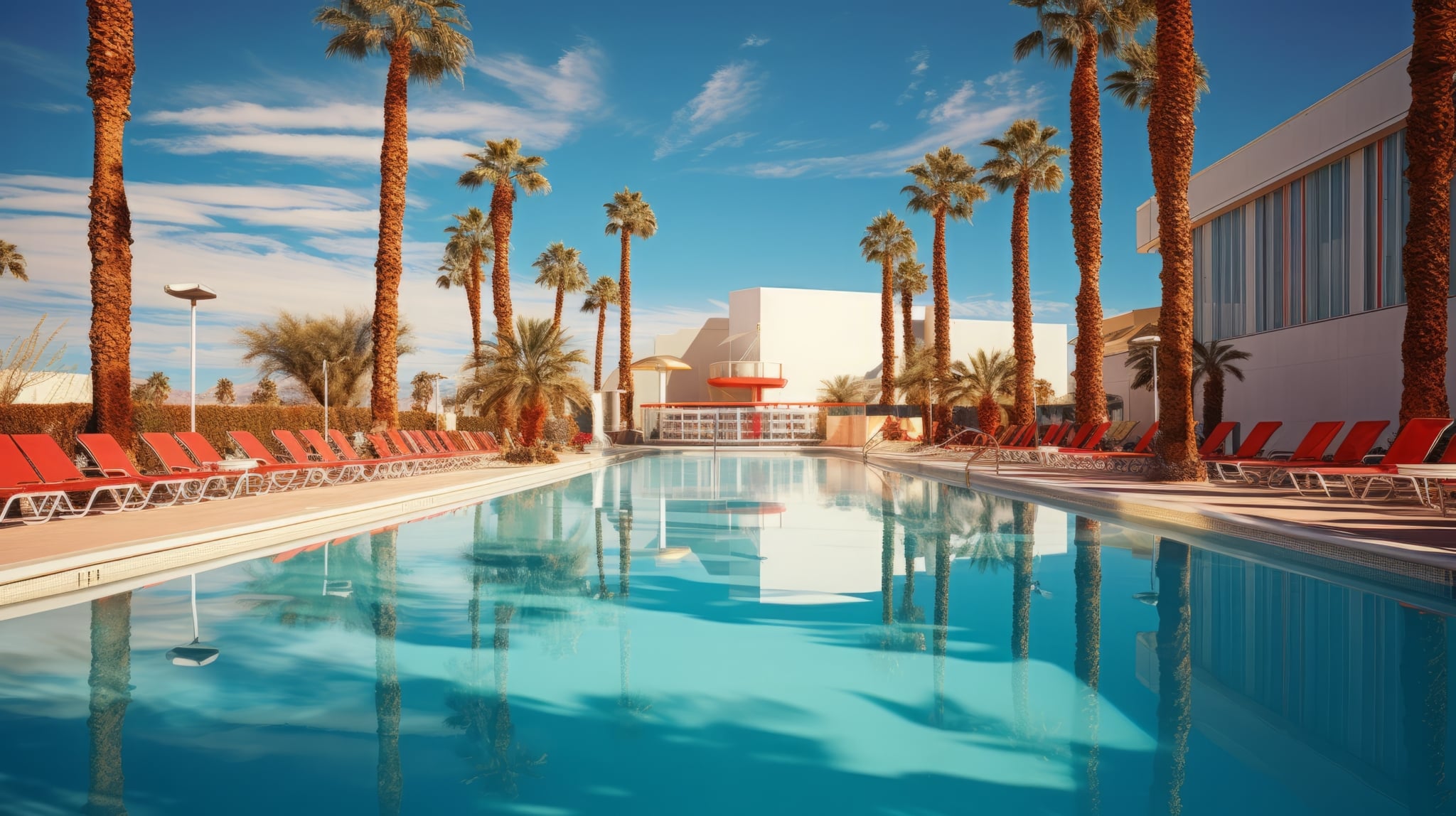 Luxury Las Vegas pool with palm trees, red lounge chairs, and clear blue sky at a high-end dayclub