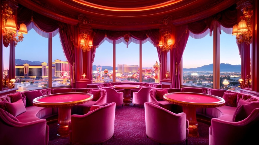 Lavish pink Vegas lounge with panoramic Strip view, velvet seating, and glowing luxury ambiance