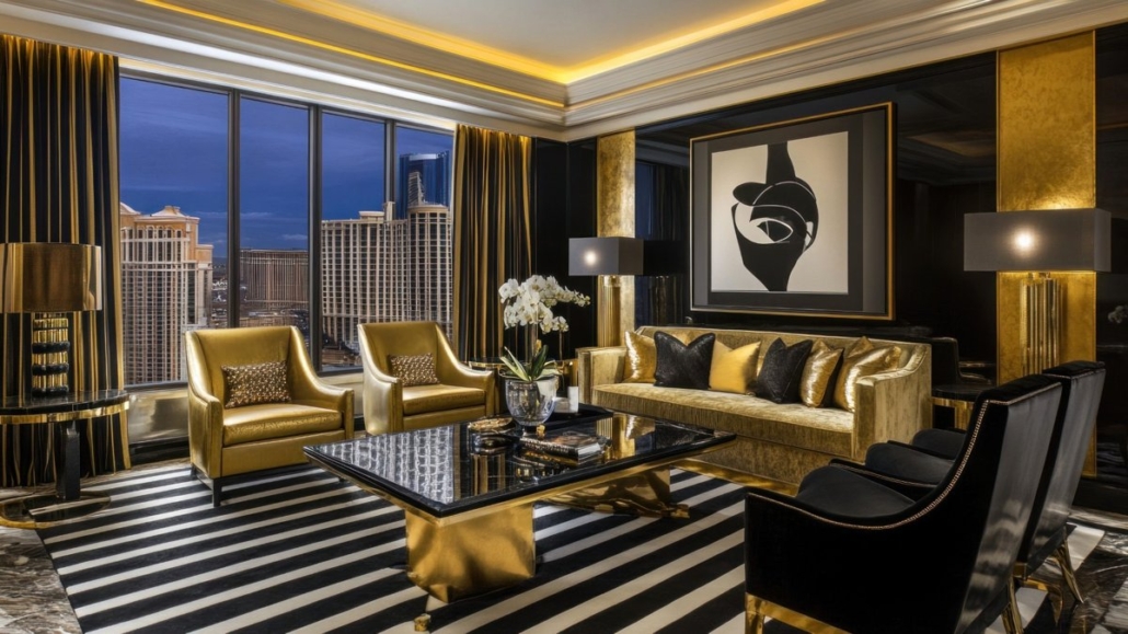 Luxury Vegas hotel suite with gold and black interior, city skyline view, and upscale furnishings