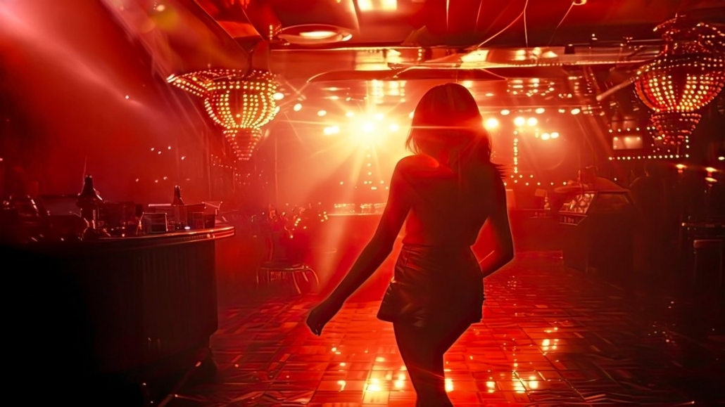 Silhouette of a woman entering a secret red-lit Vegas lounge with chandeliers and moody lighting