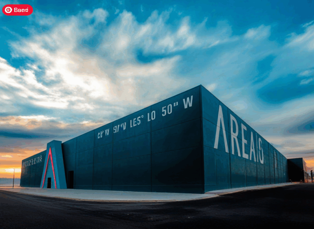 Exterior of AREA15 immersive entertainment complex in Las Vegas with dramatic sky.