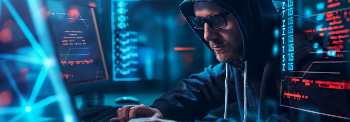 Man in hoodie and sunglasses typing on a laptop surrounded by digital code, working late in a dark tech room during DEF CON 32 in Las Vega