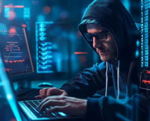 Man in hoodie and sunglasses typing on a laptop surrounded by digital code, working late in a dark tech room during DEF CON 32 in Las Vega