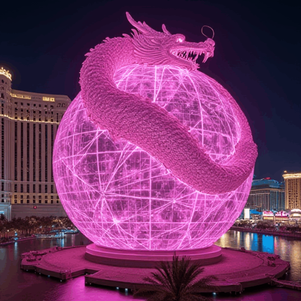 Pink dragon wrapped around the glowing MSG Sphere in Las Vegas at night.