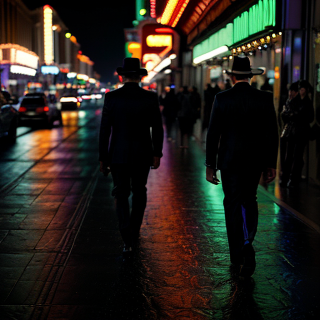 Two Men Walking Through Neon-Lit Las Vegas Strip at Night